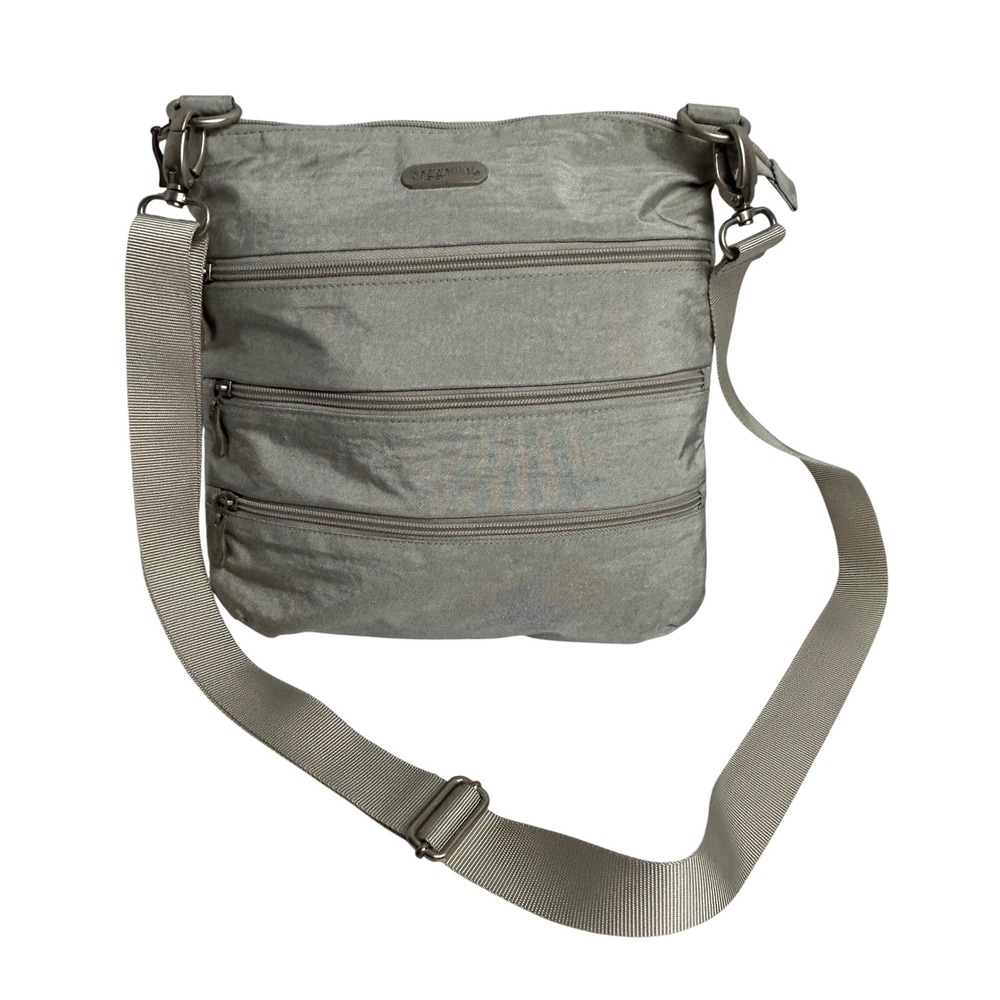 Baggallini Silver Gray Nylon Crossbody Bag Multi Zip Travel Purse